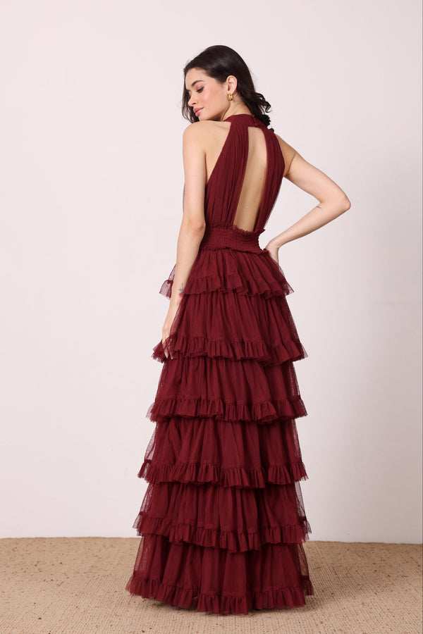 Lace & Beads Lucerne High Neck Maxi Dress In Burgundy