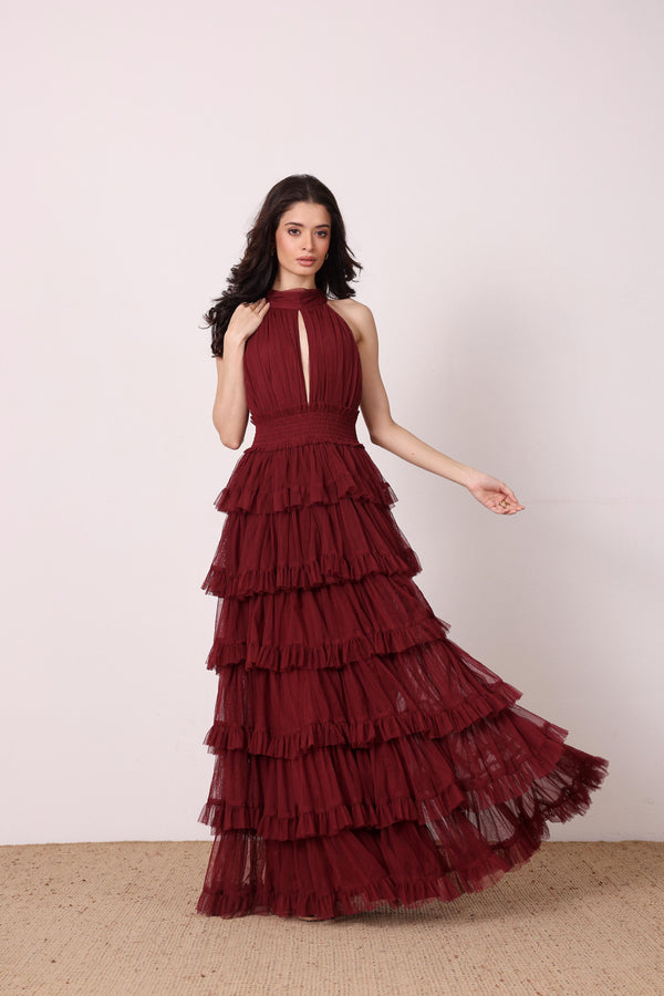 Lace & Beads Lucerne High Neck Maxi Dress In Burgundy