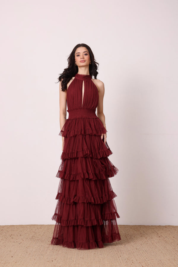 Lace & Beads Lucerne High Neck Maxi Dress In Burgundy