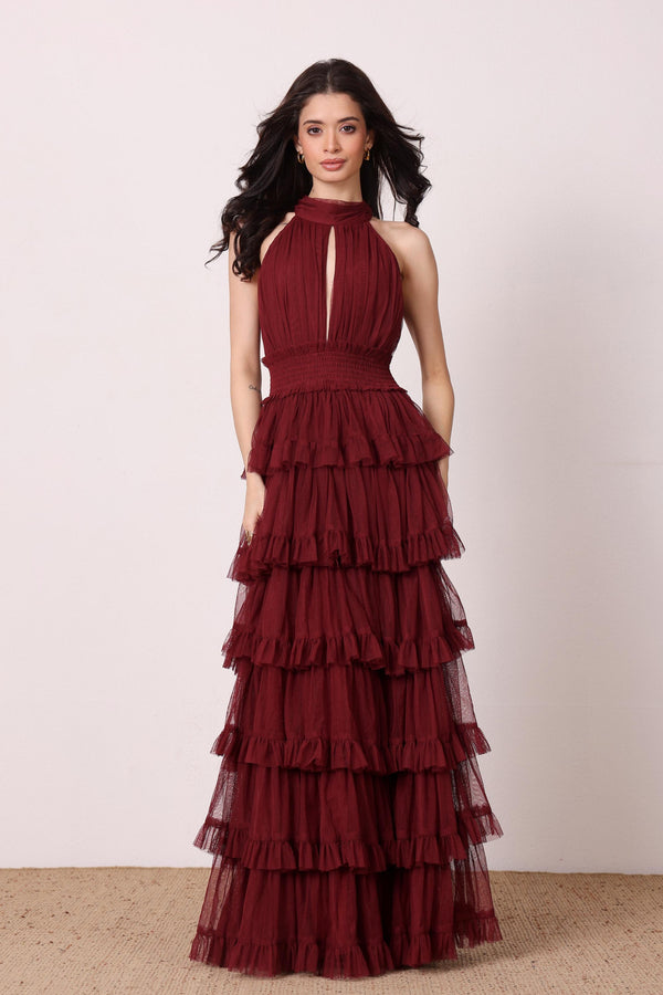 lace & beads Lucerne High Neck Maxi Dress in Burgundy