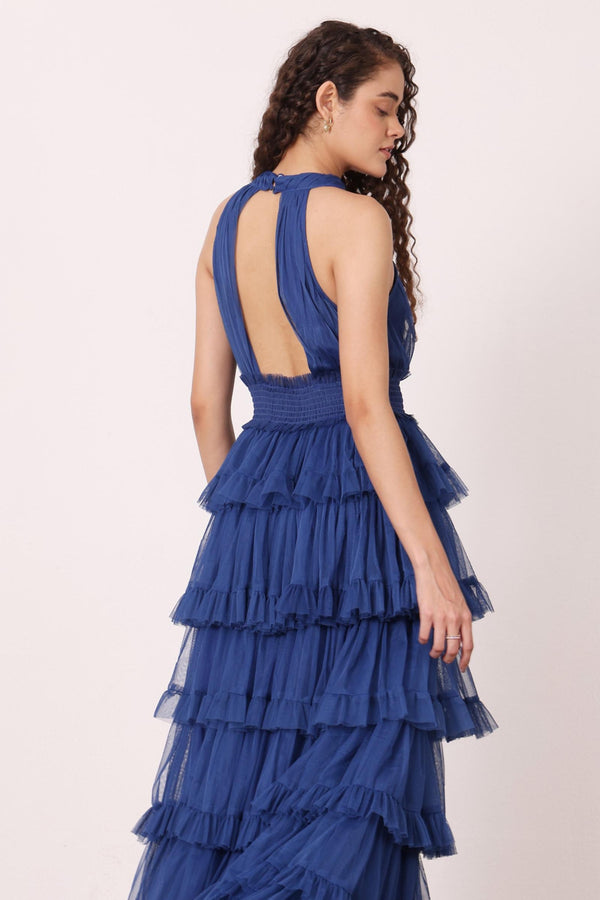 Lace & Beads Lucerne High Neck Maxi Dress In Cobalt Blue
