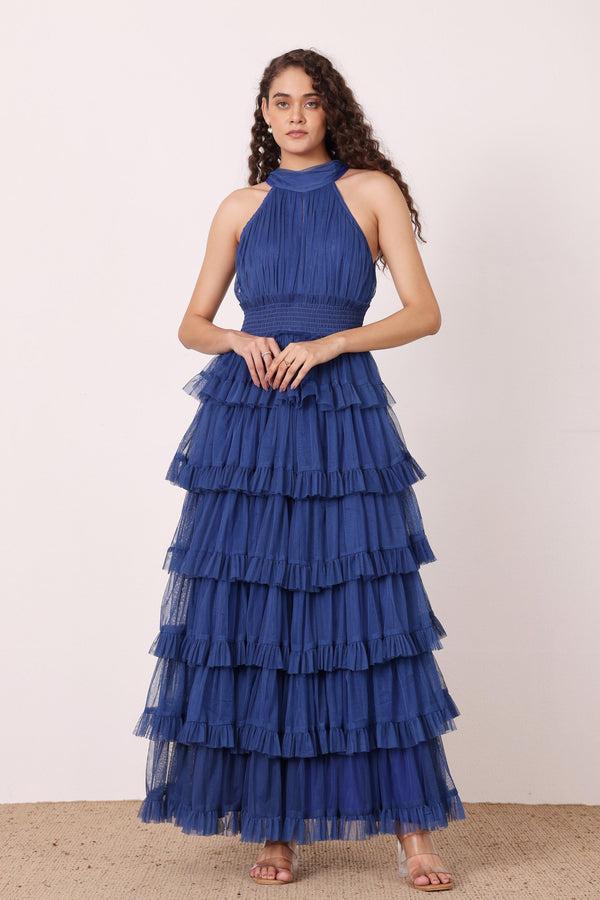 Lace & Beads Lucerne High Neck Maxi Dress In Cobalt Blue