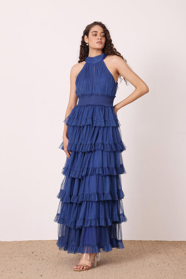 Lace & Beads Lucerne High Neck Maxi Dress In Cobalt Blue