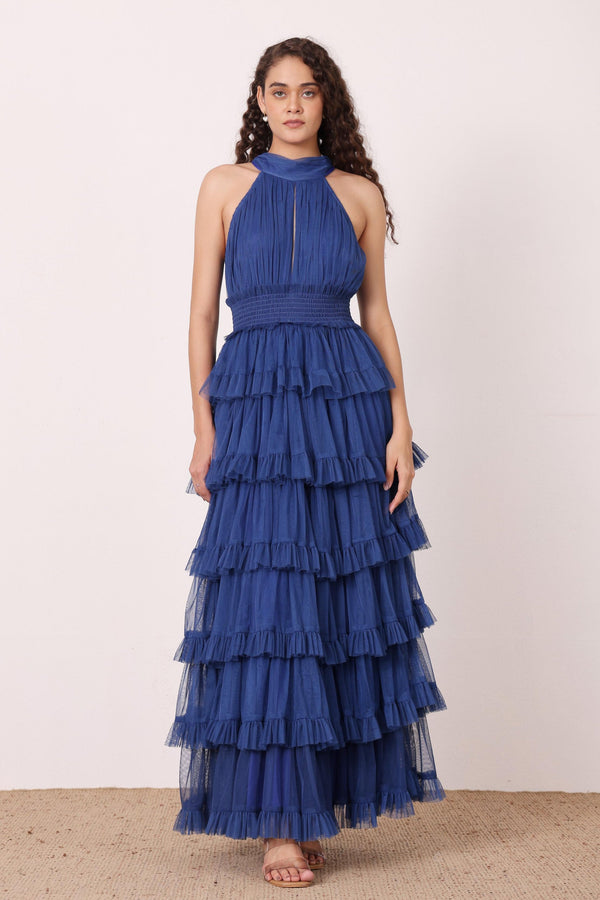 lace & beads Lucerne High Neck Maxi Dress in Cobalt Blue