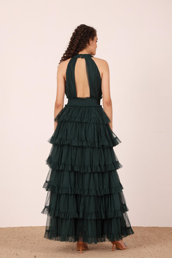 Lace & Beads Lucerne High Neck Maxi Dress In Emerald Green