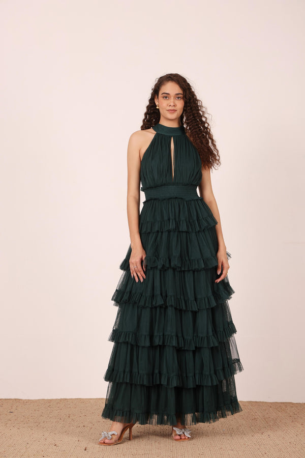 Lace & Beads Lucerne High Neck Maxi Dress In Emerald Green