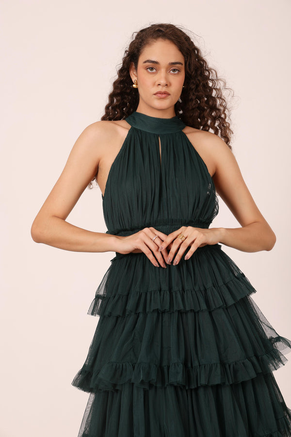 lace & beads Lucerne High Neck Maxi Dress in Emerald Green