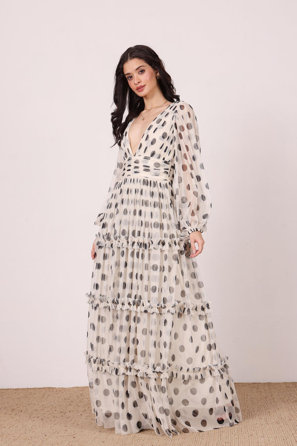 Lace & Beads Lydia Maxi Dress In Cream And Black Polka Dot