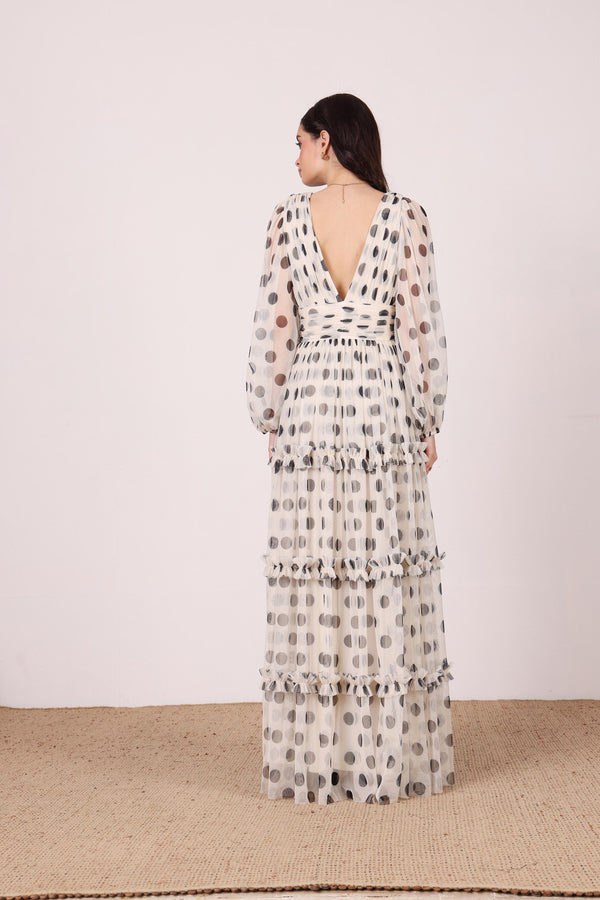 Lace & Beads Lydia Maxi Dress In Cream And Black Polka Dot