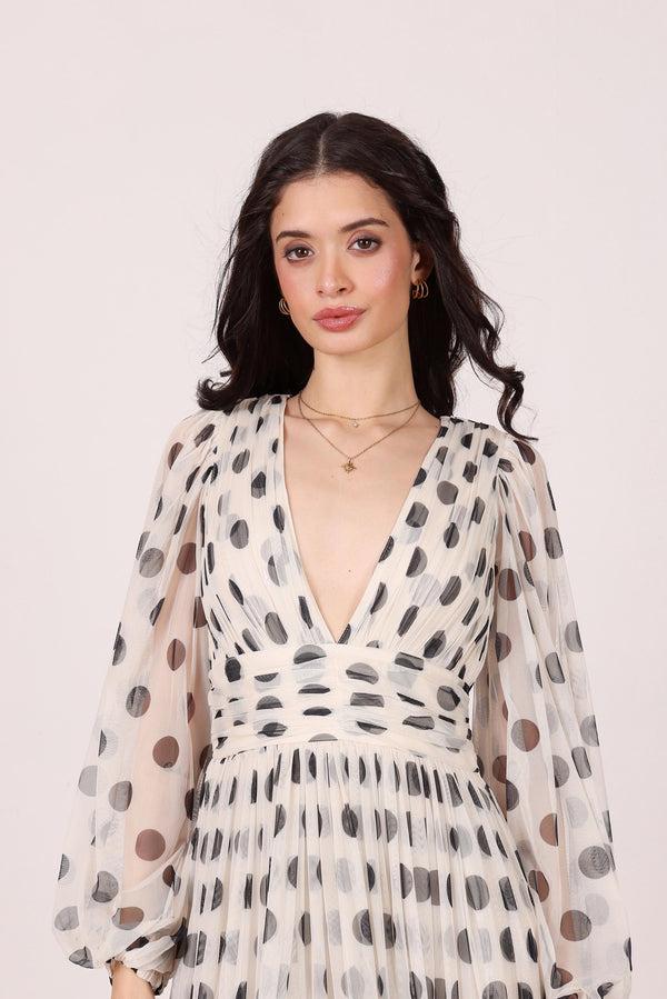 Lace & Beads Lydia Maxi Dress In Cream And Black Polka Dot
