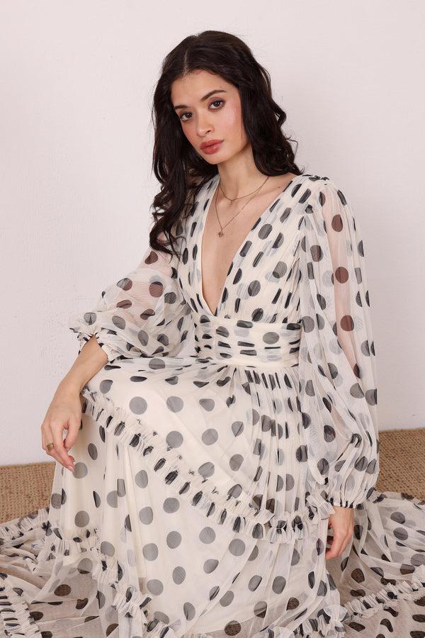 lace & beads Lydia Maxi Dress in Cream and Black Polka Dot