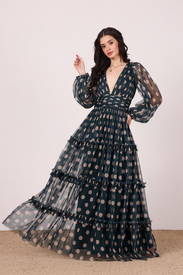 lace & beads Lydia Maxi Dress in Emerald Green and Beige Polka Dot