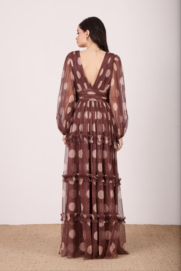 Lace & Beads Lydia Maxi Dress In Mahogany Brown And Beige Polka Dot