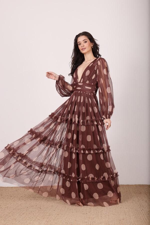 Lace & Beads Lydia Maxi Dress In Mahogany Brown And Beige Polka Dot