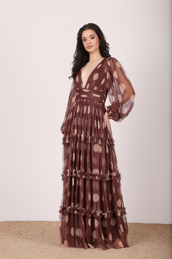 lace & beads Lydia Maxi Dress in Mahogany Brown and Beige Polka Dot