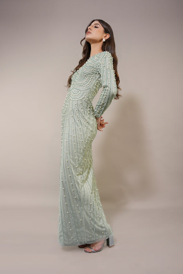 Lace & Beads Mabel Embellished Maxi Dress In Pistachio