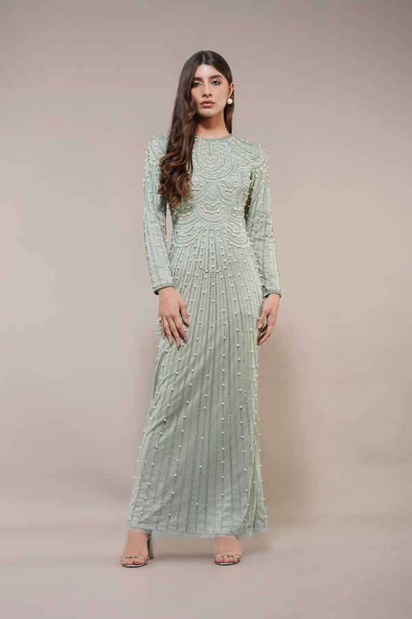 lace & beads Mabel Embellished Maxi Dress in Pistachio