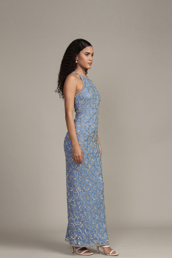 Lace & Beads Maddox Embellished Maxi Dress In Powder Blue