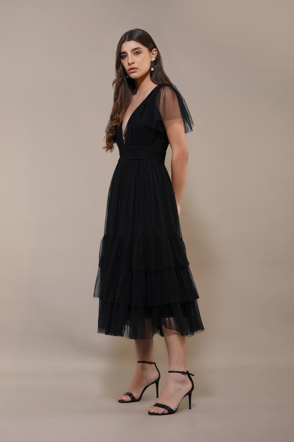 Lace & Beads Madison Black Tulle Bridesmaid Midi Dress