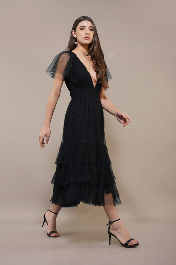 Lace & Beads Madison Black Tulle Bridesmaid Midi Dress