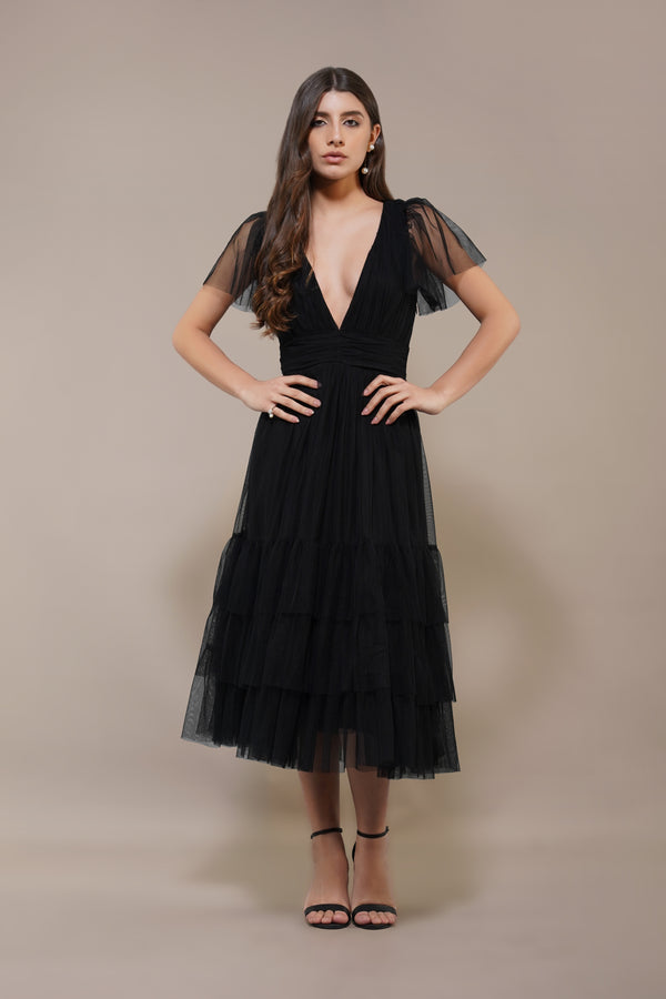 lace & beads Madison Black Tulle Bridesmaid Midi Dress