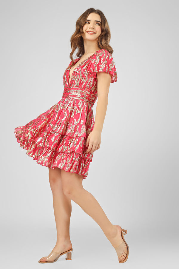 lace & beads Madison Bright Pink Metallic Printed Mini Dress