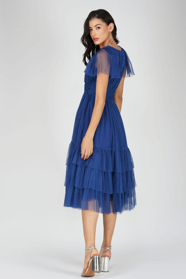 Lace & Beads Madison Cobalt Blue Tulle Bridesmaid Midi Dress