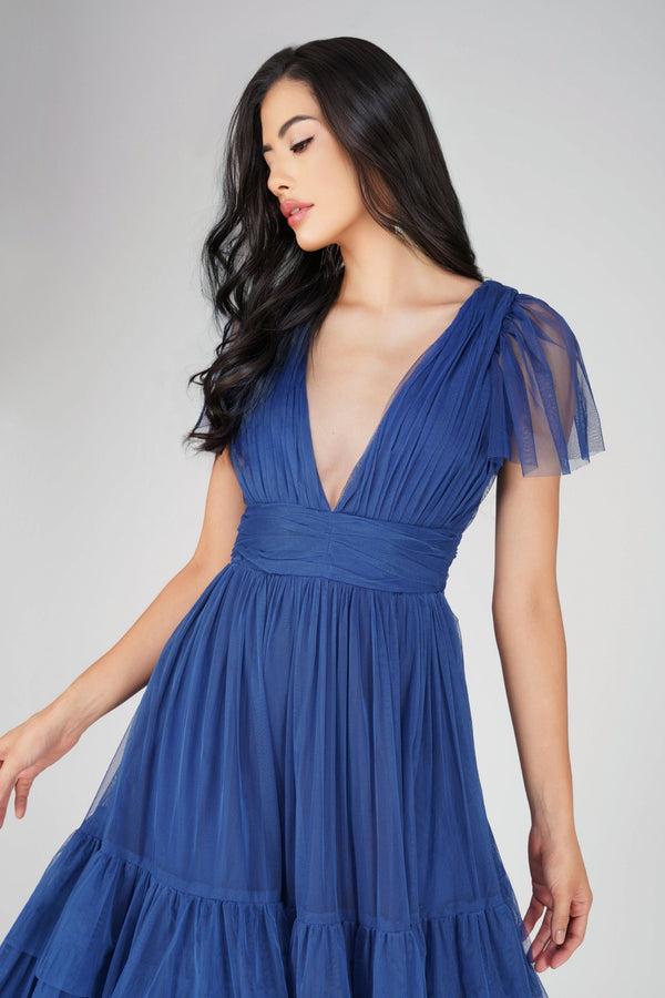 Lace & Beads Madison Cobalt Blue Tulle Bridesmaid Midi Dress