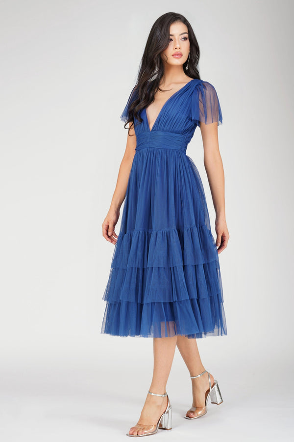 Lace & Beads Madison Cobalt Blue Tulle Bridesmaid Midi Dress