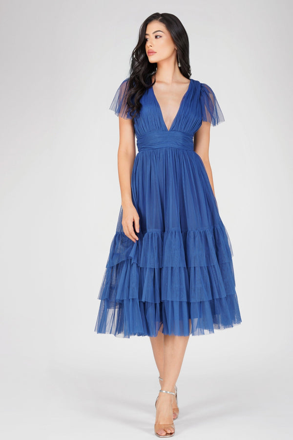 lace & beads Madison Cobalt Blue Tulle Bridesmaid Midi Dress