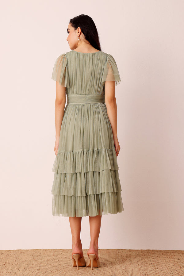 Lace & Beads Madison Dusty Sage Tulle Bridesmaid Midi Dress