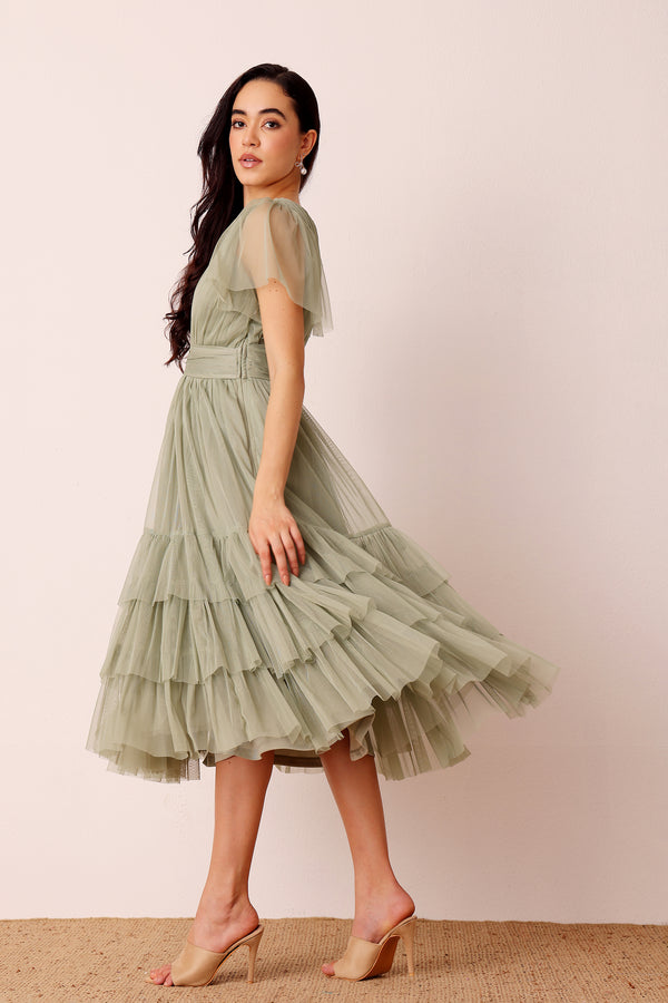 Lace & Beads Madison Dusty Sage Tulle Bridesmaid Midi Dress