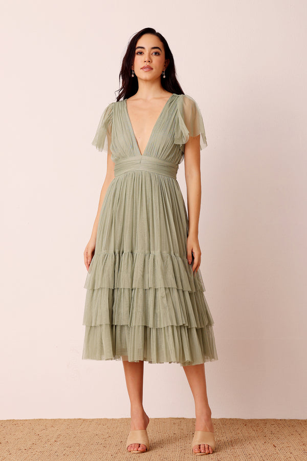 lace & beads Madison Dusty Sage Tulle Bridesmaid Midi Dress