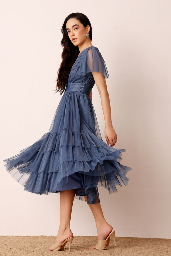 Lace & Beads Madison Ethereal Blue Midi Bridesmaid Dress