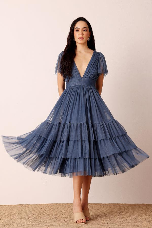 Lace & Beads Madison Ethereal Blue Midi Bridesmaid Dress
