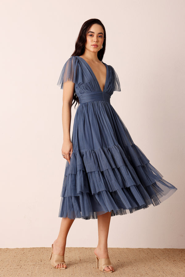 lace & beads Madison Ethereal Blue Midi Bridesmaid Dress