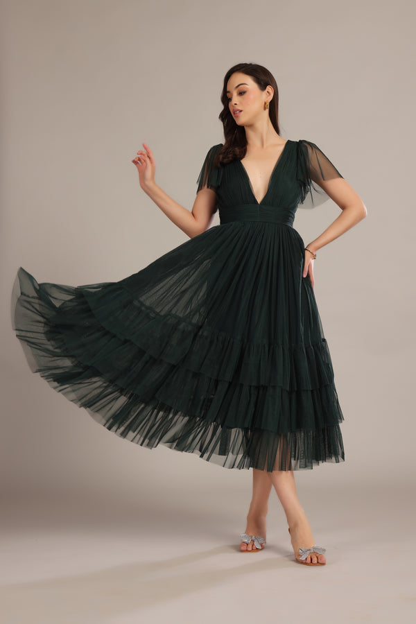 Lace & Beads Madison Forest Green Midi Bridesmaid Dress