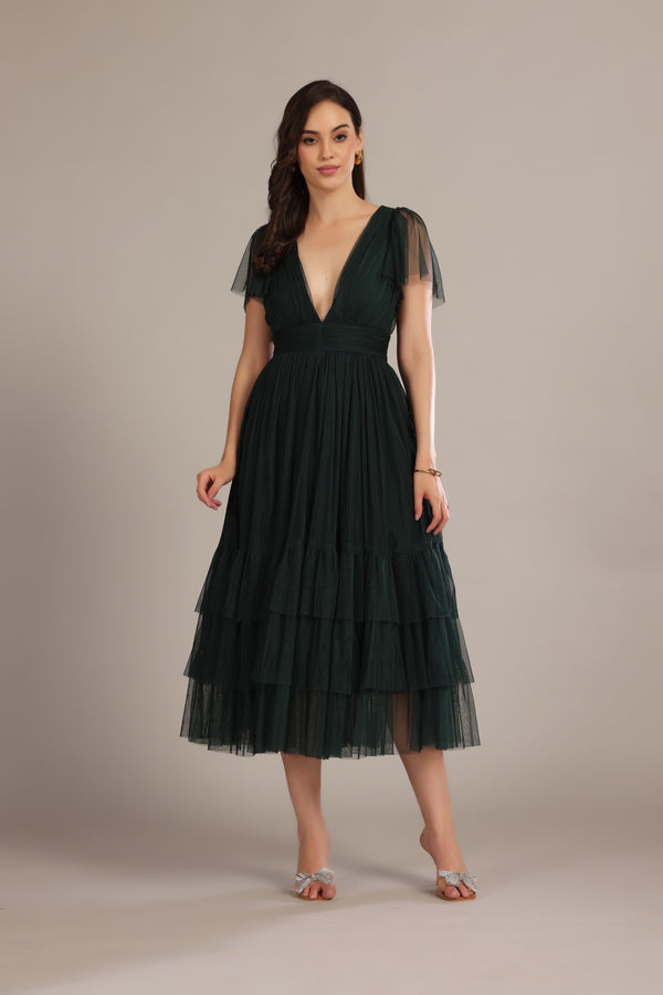 lace & beads Madison Forest Green Midi Bridesmaid Dress