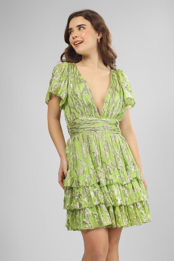 lace & beads Madison Green Metallic Printed Mini Dress