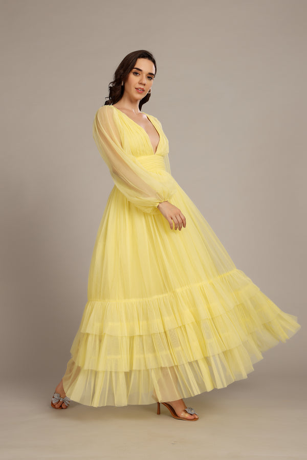Lace & Beads Madison Long Sleeve Maxi Dress In Buttercup