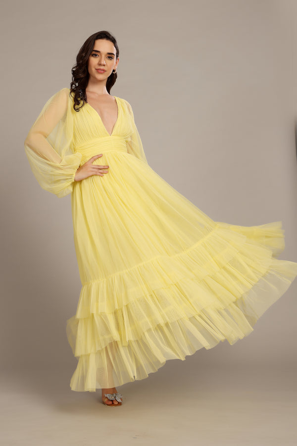 Lace & Beads Madison Long Sleeve Maxi Dress In Buttercup