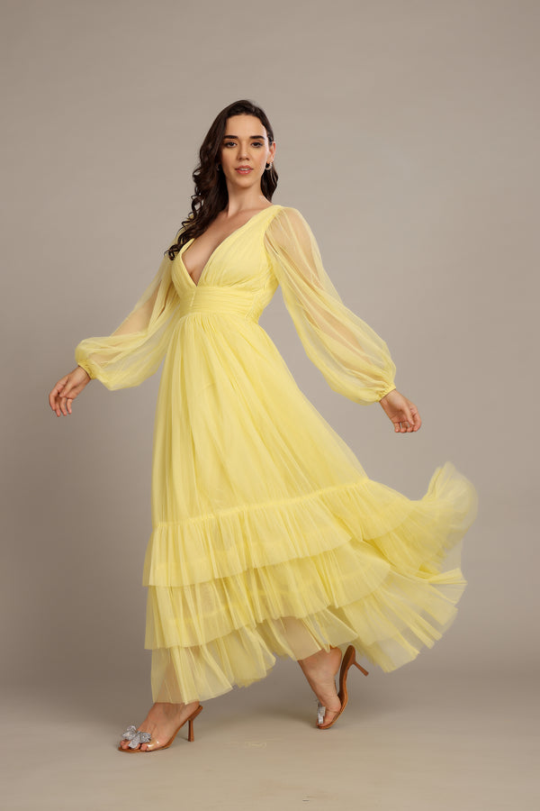 Lace & Beads Madison Long Sleeve Maxi Dress In Buttercup