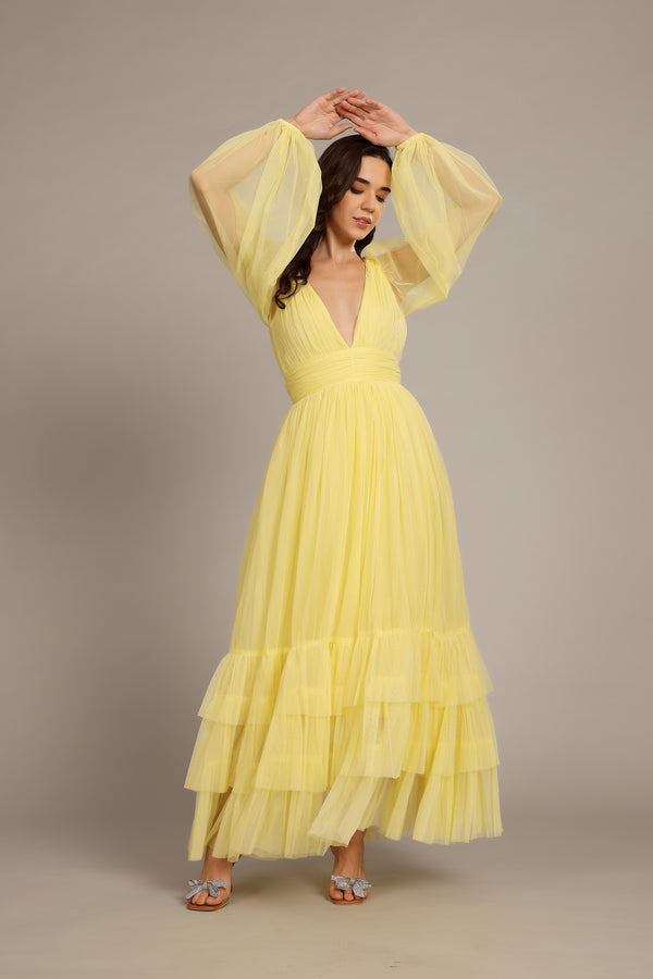 lace & beads Madison Long Sleeve Maxi Dress in Buttercup