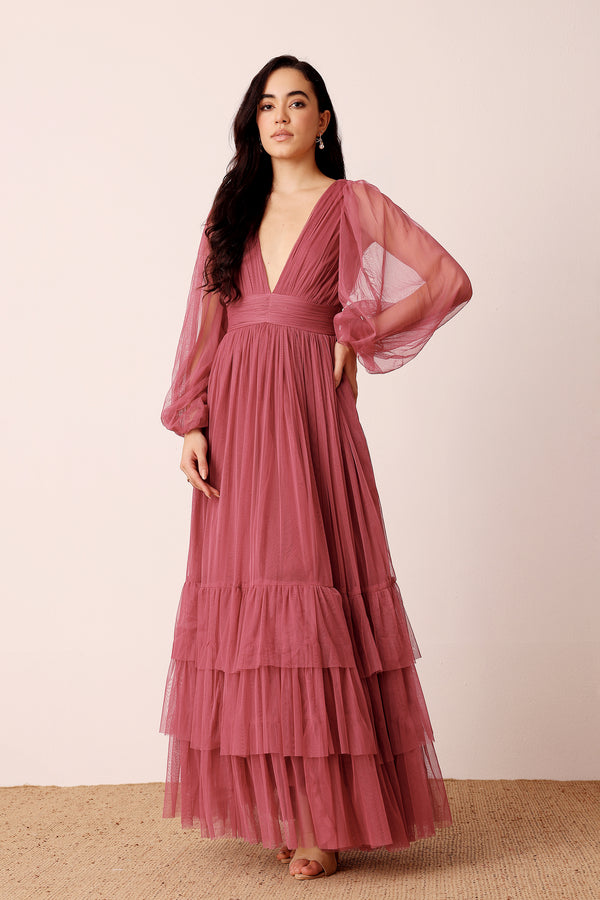 Lace & Beads Madison Long Sleeve Maxi Dress In Orchid