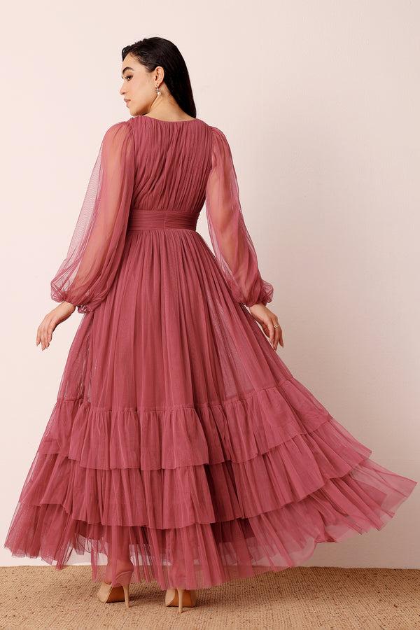 Lace & Beads Madison Long Sleeve Maxi Dress In Orchid