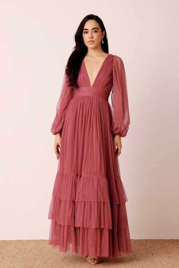 lace & beads Madison Long Sleeve Maxi Dress in Orchid