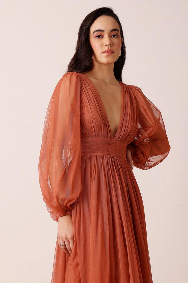 Lace & Beads Madison Long Sleeve Maxi Dress In Terracotta Rose