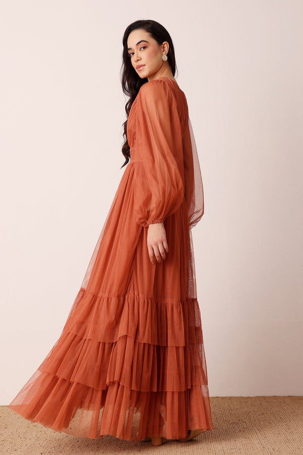 Lace & Beads Madison Long Sleeve Maxi Dress In Terracotta Rose