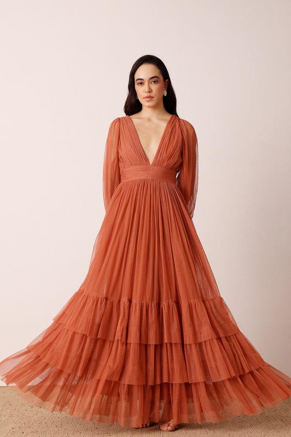 Lace & Beads Madison Long Sleeve Maxi Dress In Terracotta Rose