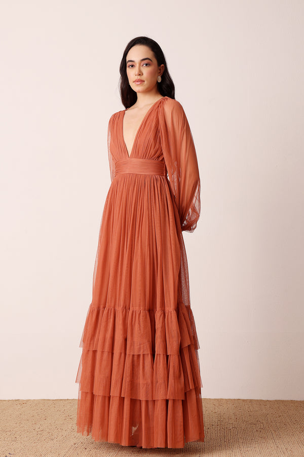 lace & beads Madison Long Sleeve Maxi Dress in Terracotta Rose